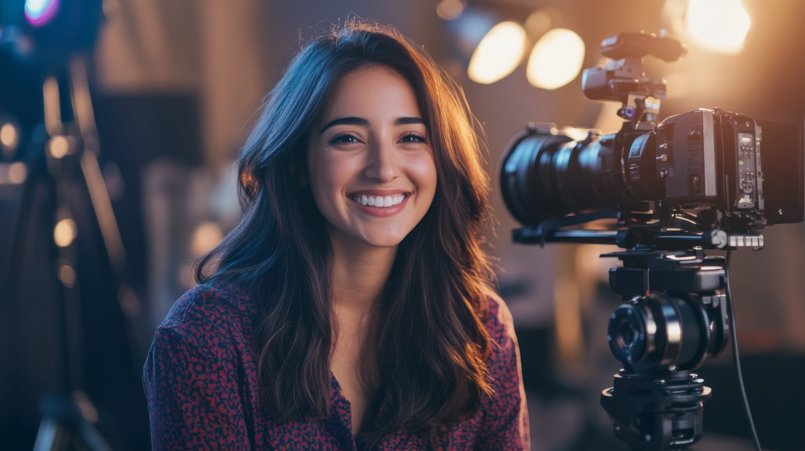 A Smiling Woman Posing in Front of a Camera on a Tripod A Smiling Woman Posing in Front of a Camera on a Tripod