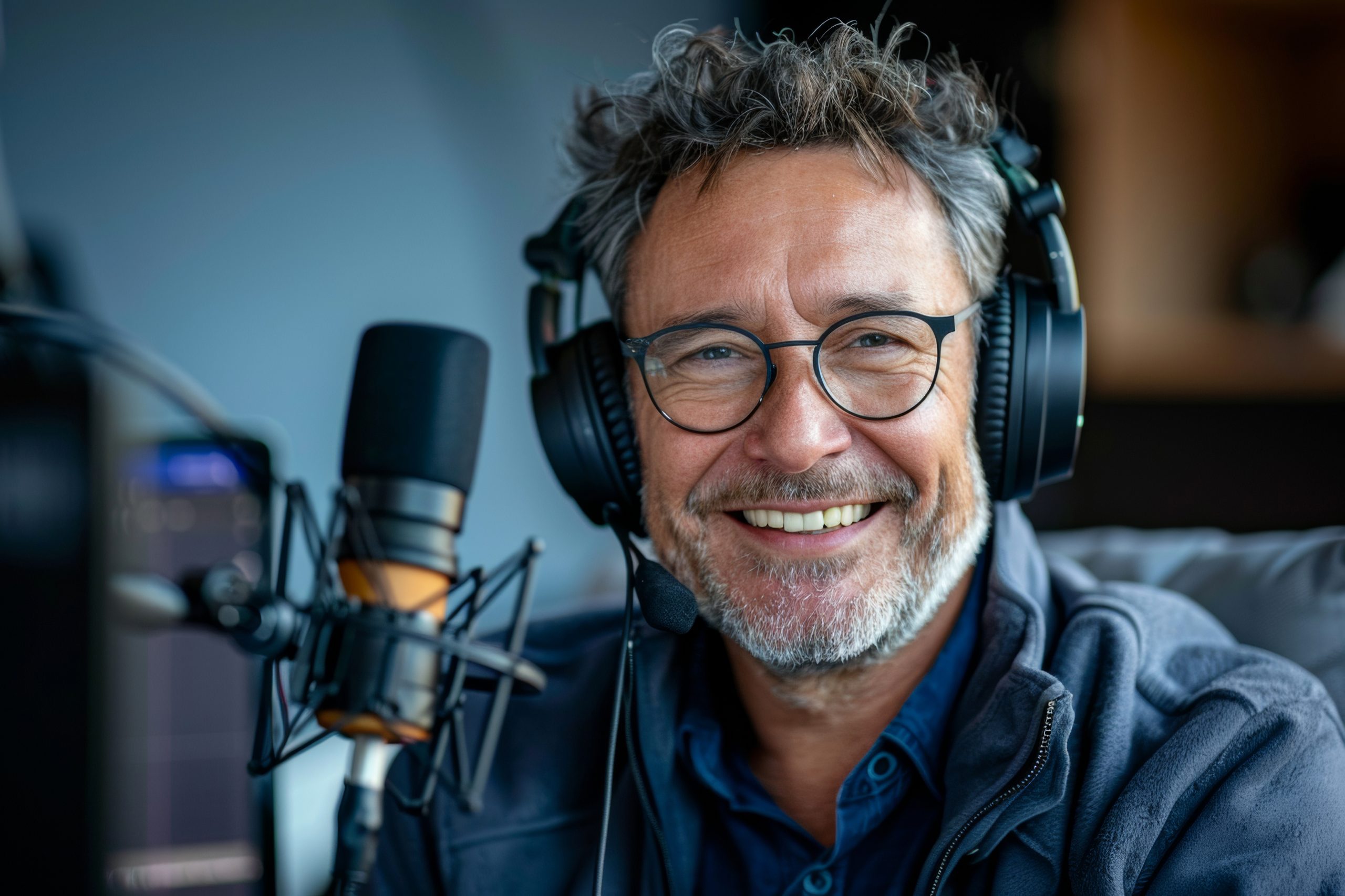 A cheerful middle-aged man recording in a professional podcast setup, showcasing enthusiasm and engagement. A cheerful middle-aged man recording in a professional podcast setup, showcasing enthusiasm and engagement.
