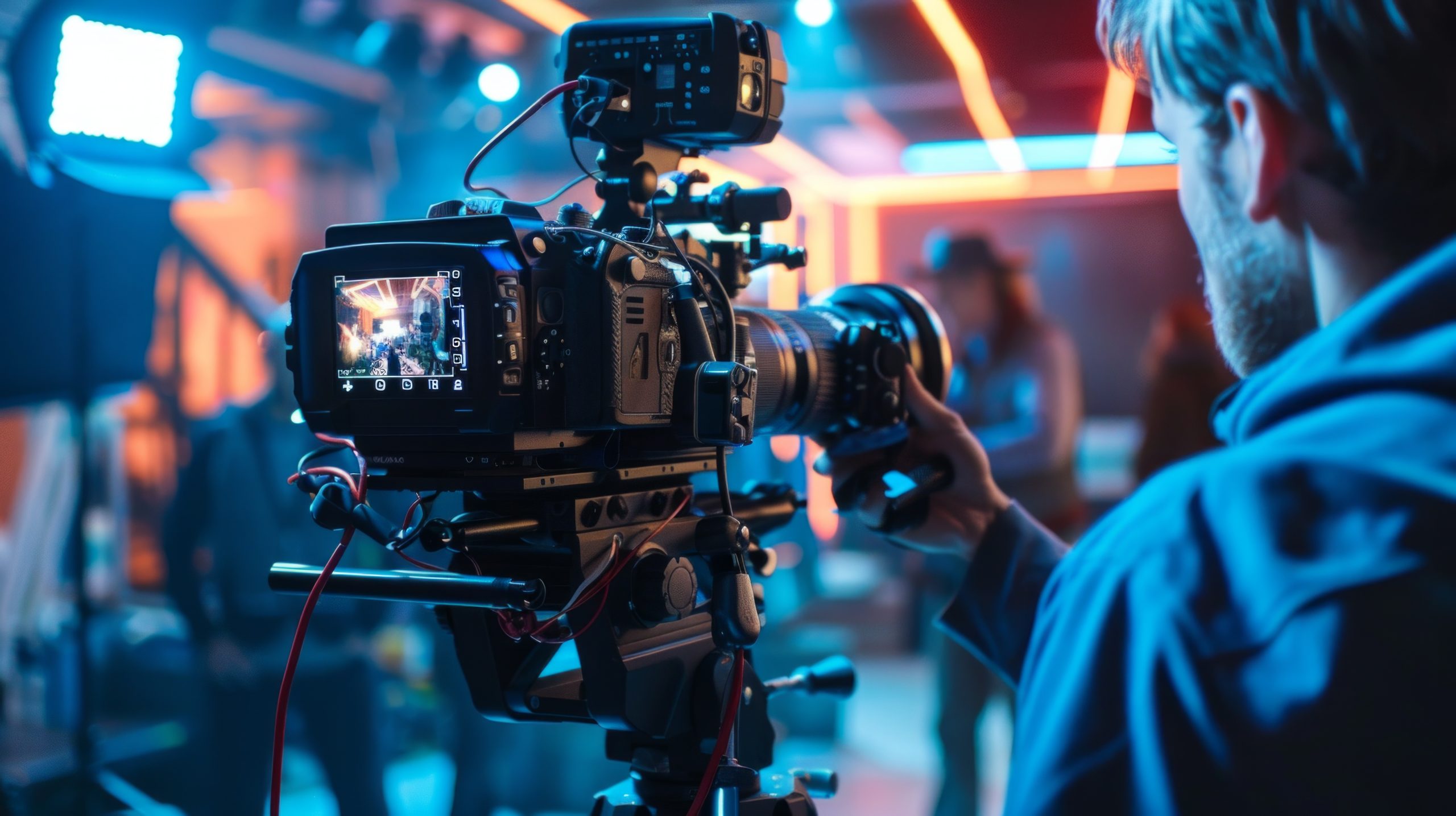 Behind the scene. Actor in front of the camera on the film set in film studio. Behind the scene. Actor in front of the camera on the film set in film studio.