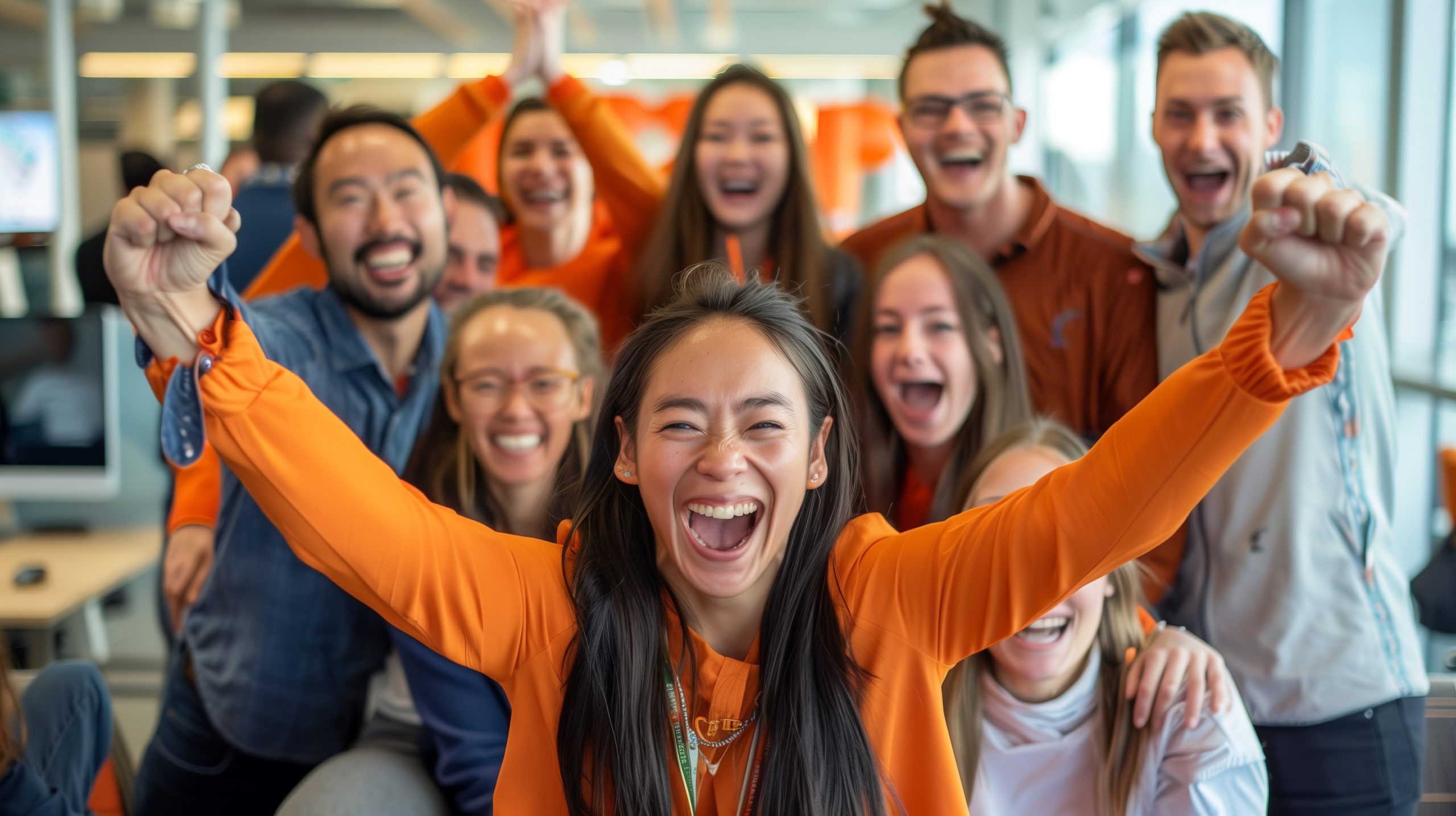 Energetic Team Celebration, United Colleagues in Vibrant Orange Cheers This image captures a moment of pure joy as a diverse group of colleagues in matching vibrant orange attire celebrate a triumph together. The focal point is a young woman in the foreground, her arms raised in victory, her face alight with laughter, embodying the spirit of teamwork and success. Generative AI.